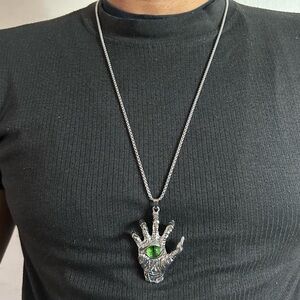 Silver Hand Pendant Necklace with Green Eye